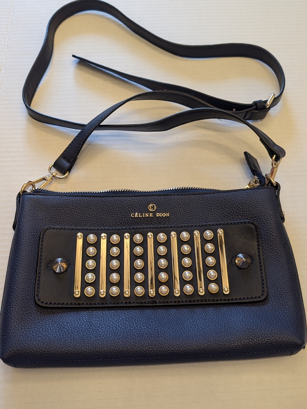 Celine Dion Blue Leather Crossbody with Gold & Pearl Accent